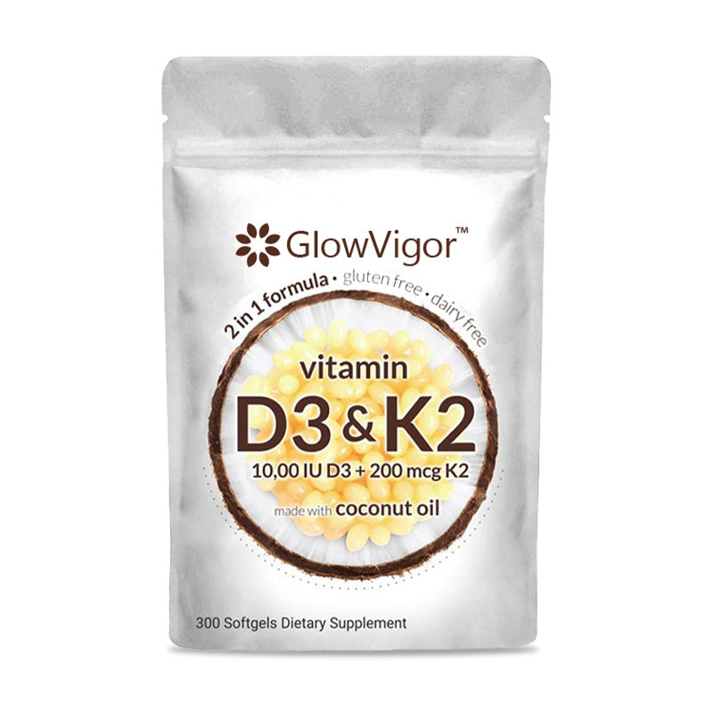 GlowVigor 2-in-1 Vitamin D3 K2 Nahrungsergänzungsmittel Softgel, 9999 IE Vitamin D3 200 MCG Vitamin K2, frei von GVO, Gluten, Soja, Knochengesundheit, Unterstützung der Herz-Kreislauf-Gesundheit, unterstützt die Kalziumaufnahme, 300 Stück