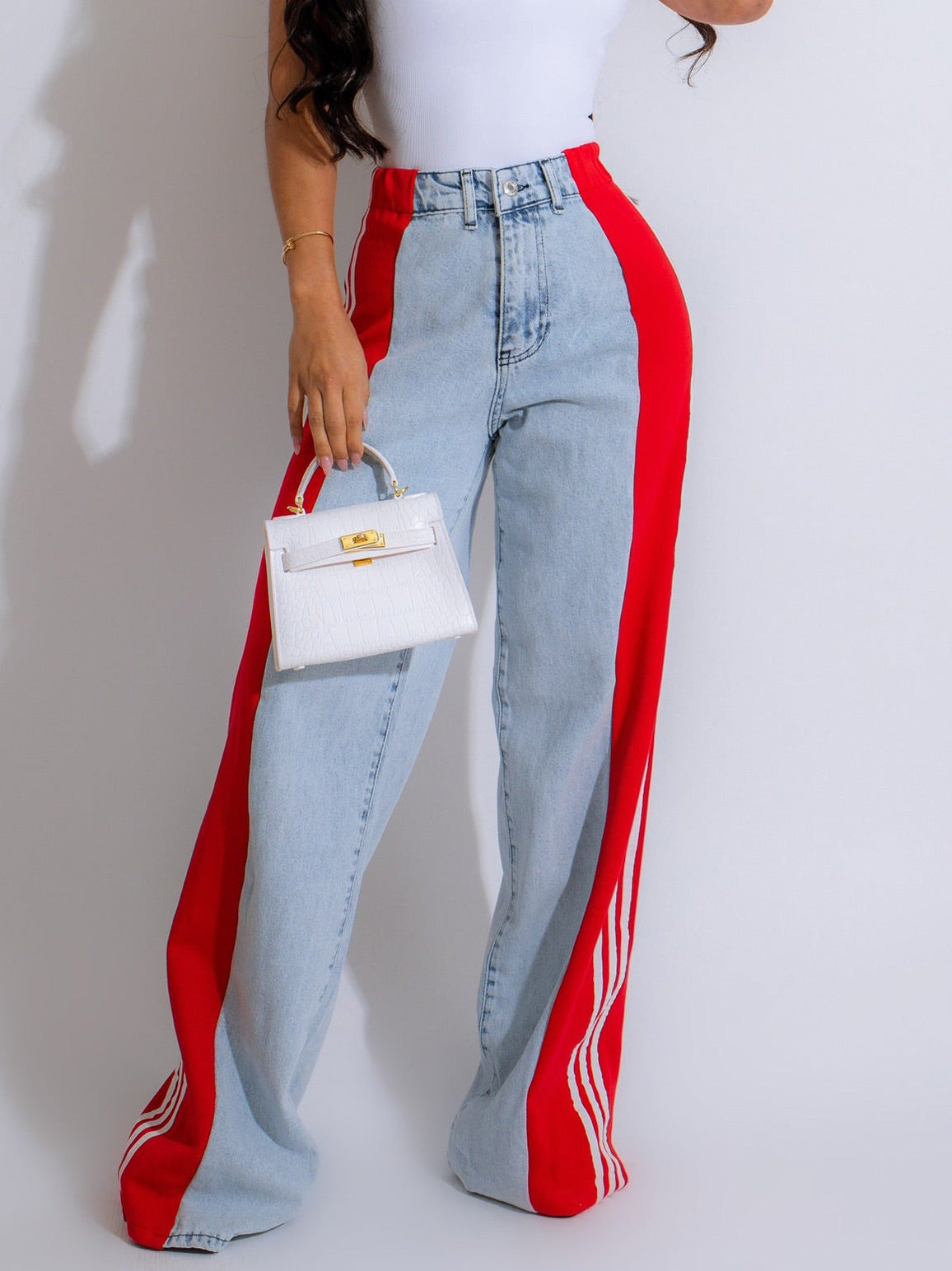 NEW Fashion Casual High Waist Elastic Straight Leg Trousers Three Stripe Patchwork Denim Wide Leg Pants Streetwear