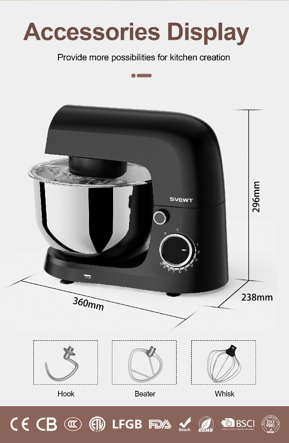 SVEWT SM-1540 1500W Stand Mixer Chef Machine Food Mixer 10-Speed Control With 5.5L SUS304 Stainless Steel Bowl - Black