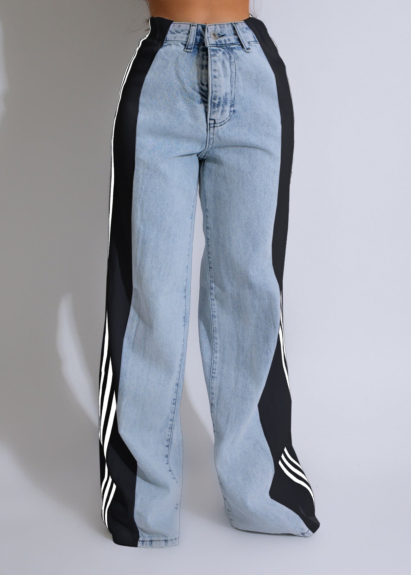 NEW Fashion Casual High Waist Elastic Straight Leg Trousers Three Stripe Patchwork Denim Wide Leg Pants Streetwear