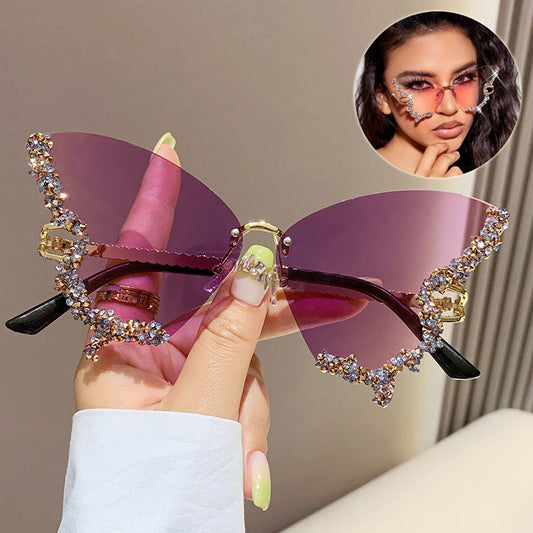 Luxury Diamond Butterfly Sunglasses Women Brand Vintage Rimless Oversized Sun Glasses Ladies Eyewear Shades