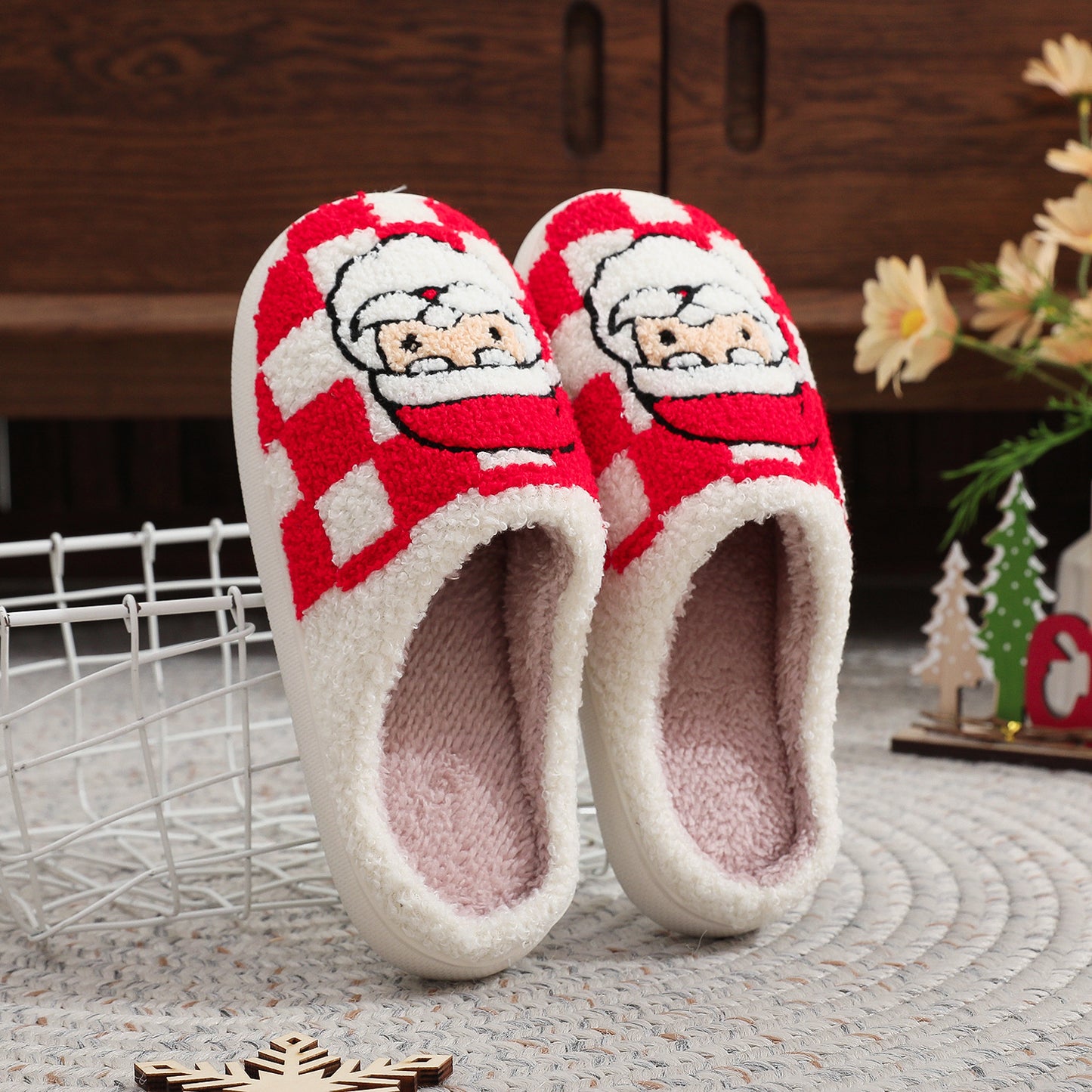 Christmas Plaid Santa Claus Slippers Winter Indoor Non-slip Floor Bedroom Fuzzy House Shoes For Women Home Slipper