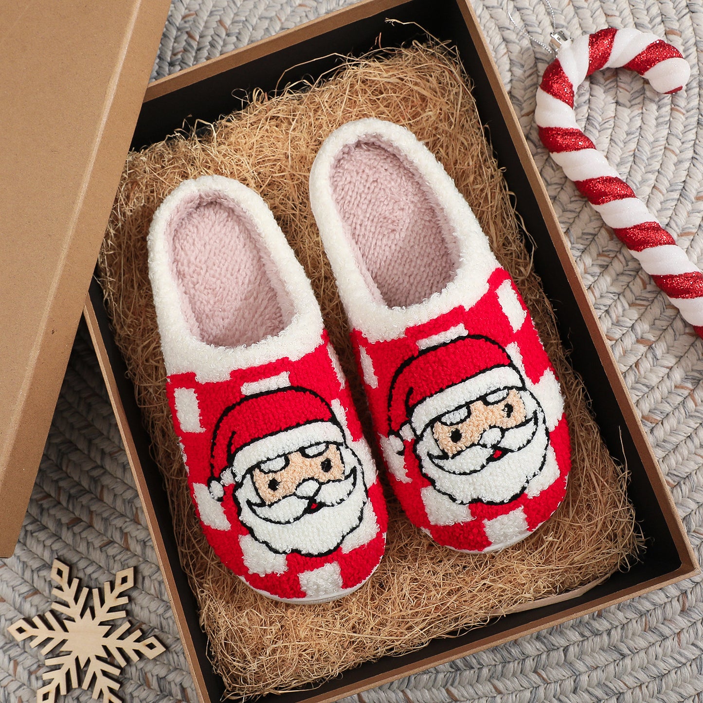 Christmas Plaid Santa Claus Slippers Winter Indoor Non-slip Floor Bedroom Fuzzy House Shoes For Women Home Slipper