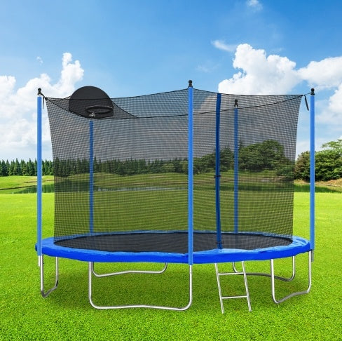 12FT Trampoline For Adults   Kids With Basketball Hoop, Outdoor Trampolines W Ladder And Safety Enclosure Net For Kids And Adults