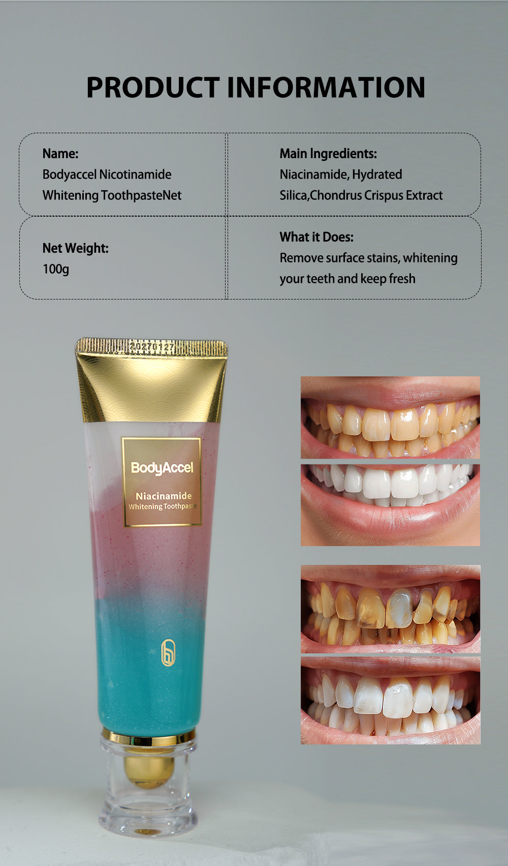 Niacinamide Whitening Toothpaste, BodyAccel Toothpaste, Niacinamide Intensive Whitening Toothpaste, Niacinamide Toothpaste, Stain Removal Toothpaste Natural