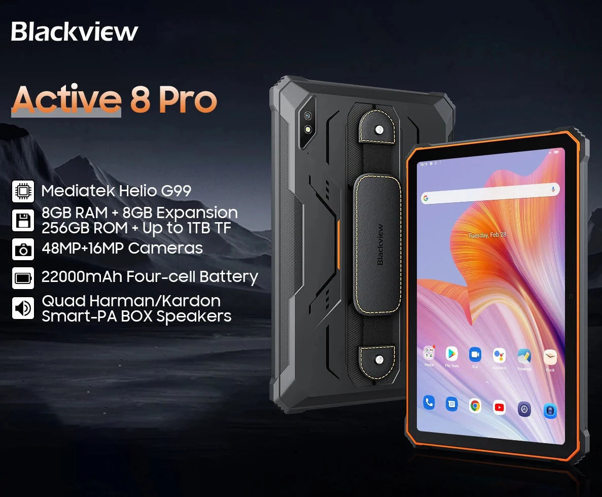 Blackview Active 8 Pro, tablettes robustes, Android 13, écran 10,36" 2,4K, Helio G99, 16 Go/256 Go, batterie 22 000 mAh