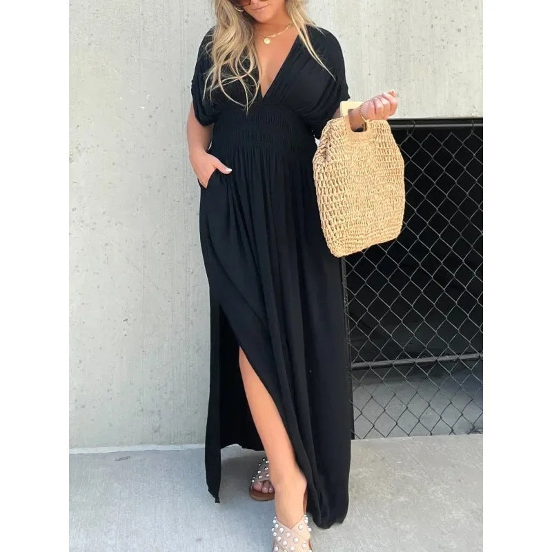 Fashion Bat-sleeved V-neck Slit Dress Summer Short Sleeve Elastic Waist Long Pants Womens Clothing