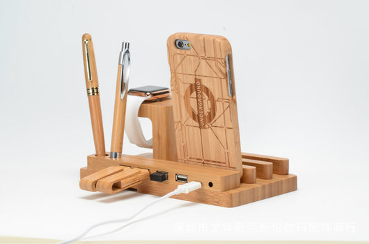 Compatible with Apple, Bamboo, wood and Mobile apple watch bracket charging wooden bracket multi-function flat cell phone base