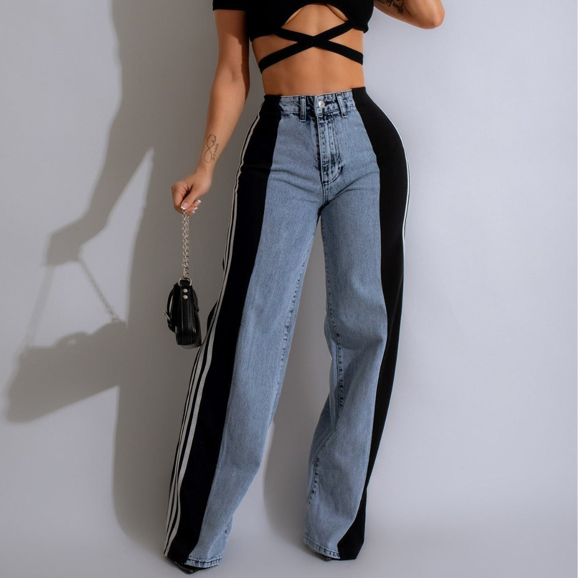 NEW Fashion Casual High Waist Elastic Straight Leg Trousers Three Stripe Patchwork Denim Wide Leg Pants Streetwear