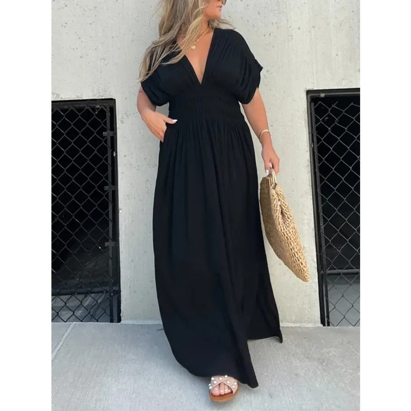 Fashion Bat-sleeved V-neck Slit Dress Summer Short Sleeve Elastic Waist Long Pants Womens Clothing