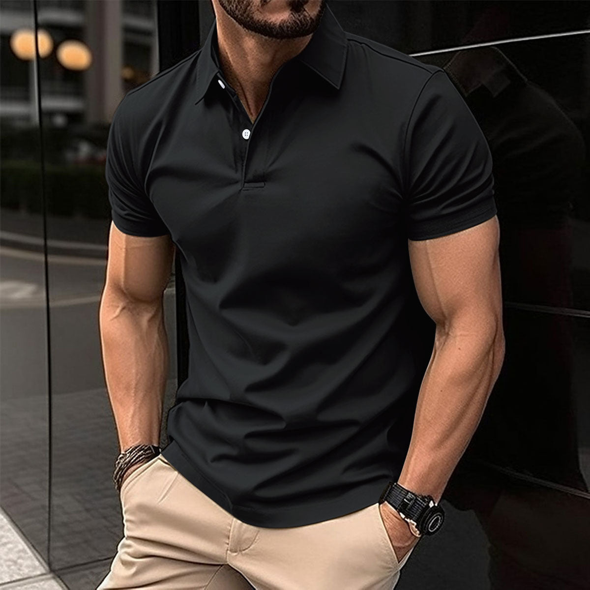 Summer Short Sleeve Polo Shirt Men Solid Color Button Lapel Button Top