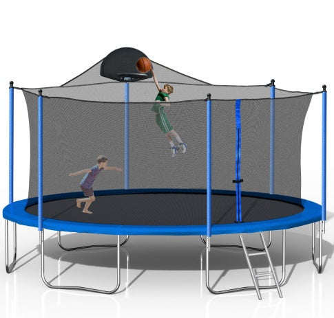 14FT Trampoline For Adults Kids With Basketball Hoop, Outdoor Trampolines W  Ladder And Safety Enclosure Net For Kids And Adults,Double-side Color Cover