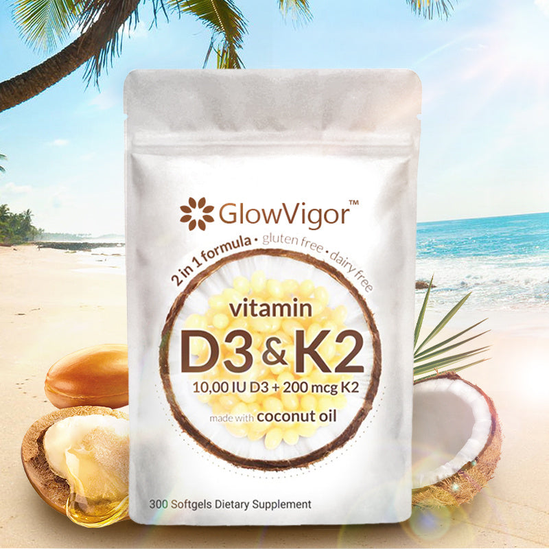 GlowVigor 2-in-1 Vitamin D3 K2 Nahrungsergänzungsmittel Softgel, 9999 IE Vitamin D3 200 MCG Vitamin K2, frei von GVO, Gluten, Soja, Knochengesundheit, Unterstützung der Herz-Kreislauf-Gesundheit, unterstützt die Kalziumaufnahme, 300 Stück