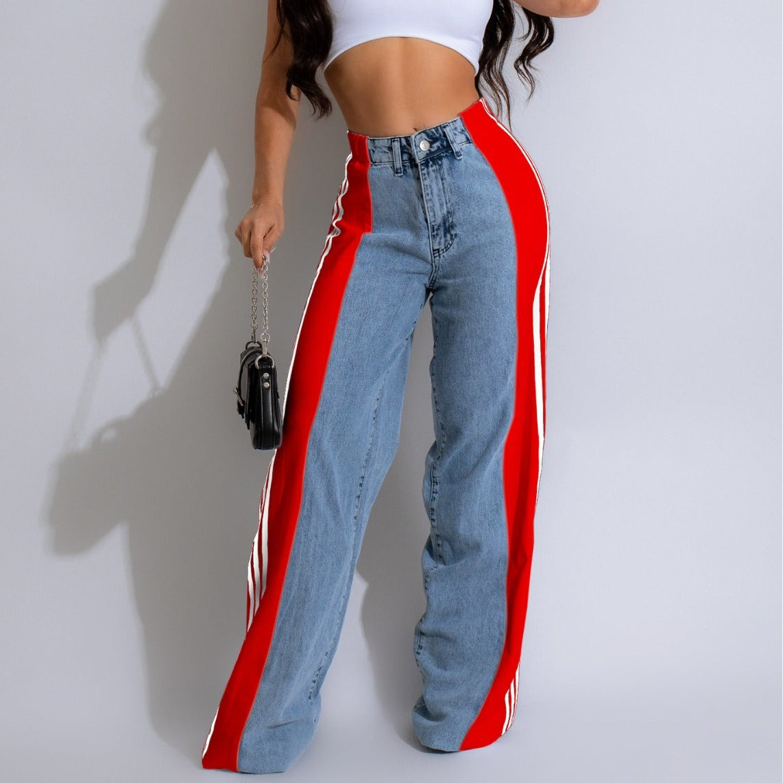 NEW Fashion Casual High Waist Elastic Straight Leg Trousers Three Stripe Patchwork Denim Wide Leg Pants Streetwear