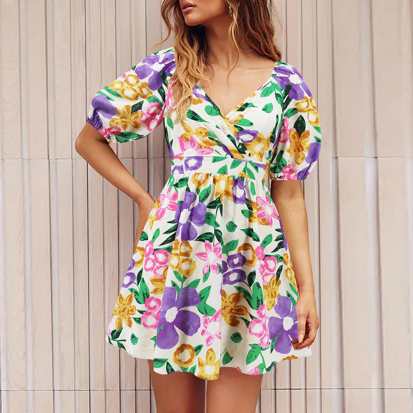 Flowers Print V-Neck Lantern-sleeve Dress Summer Vacation Beach Short Dresses Fashion Womens Clothing