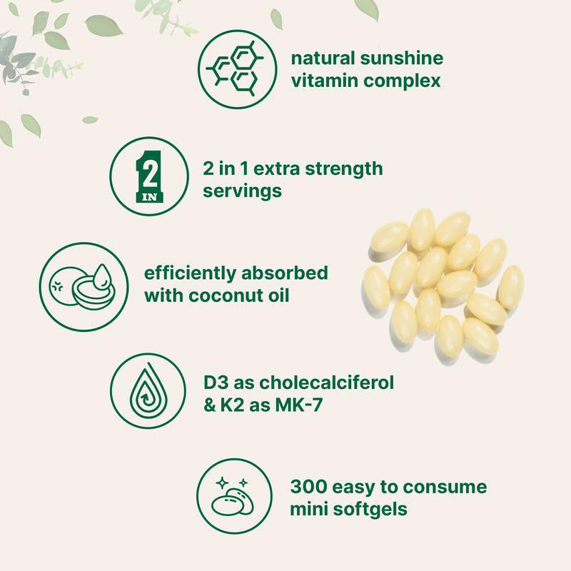 GlowVigor 2-in-1 Vitamin D3 K2 Nahrungsergänzungsmittel Softgel, 9999 IE Vitamin D3 200 MCG Vitamin K2, frei von GVO, Gluten, Soja, Knochengesundheit, Unterstützung der Herz-Kreislauf-Gesundheit, unterstützt die Kalziumaufnahme, 300 Stück