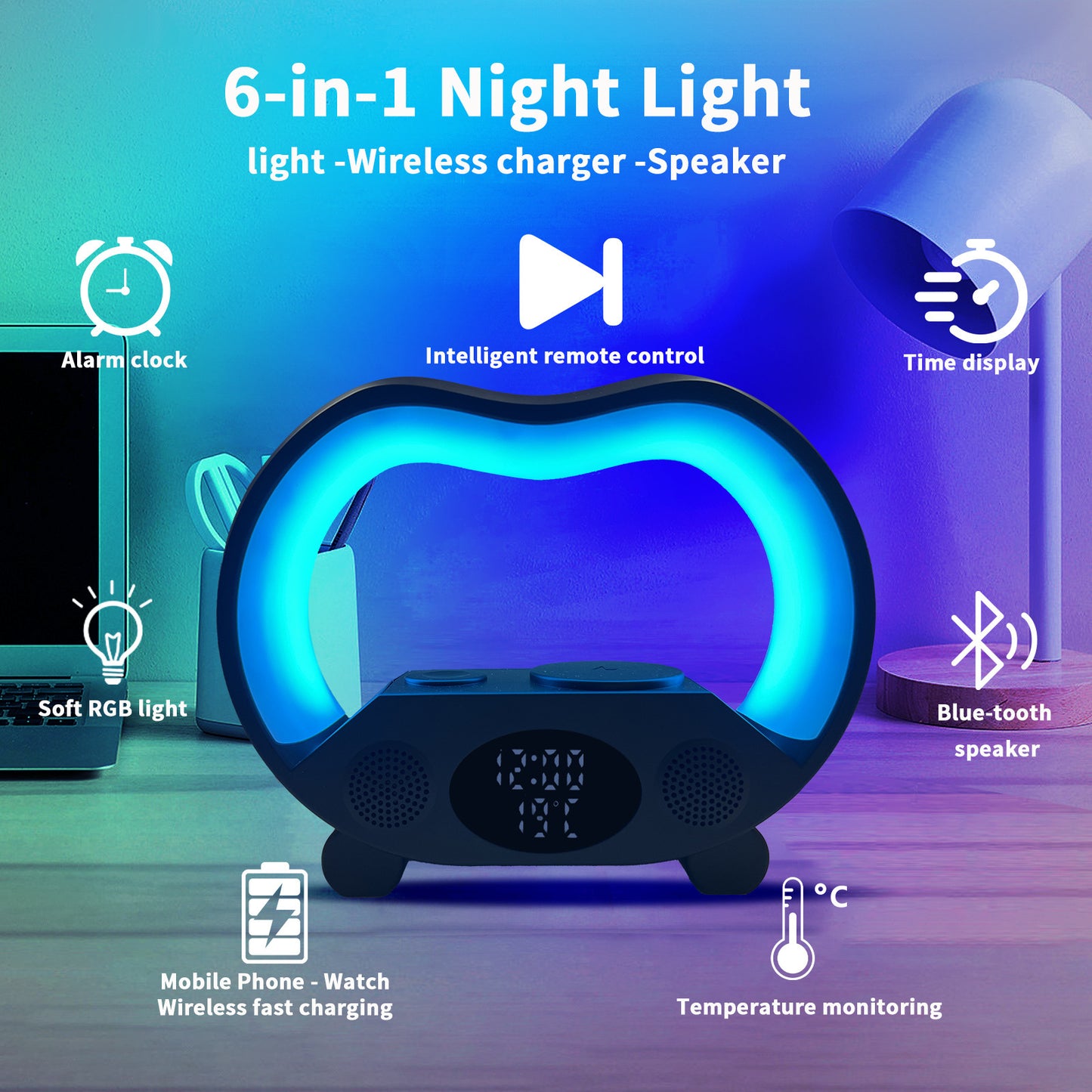 6 In 1 Smart Remote Control Bluetooth-compatible Ambience Intelligent LED Table Lamp Multi-function Wireless Charger Night Light Bluetooth-compatible Speaker