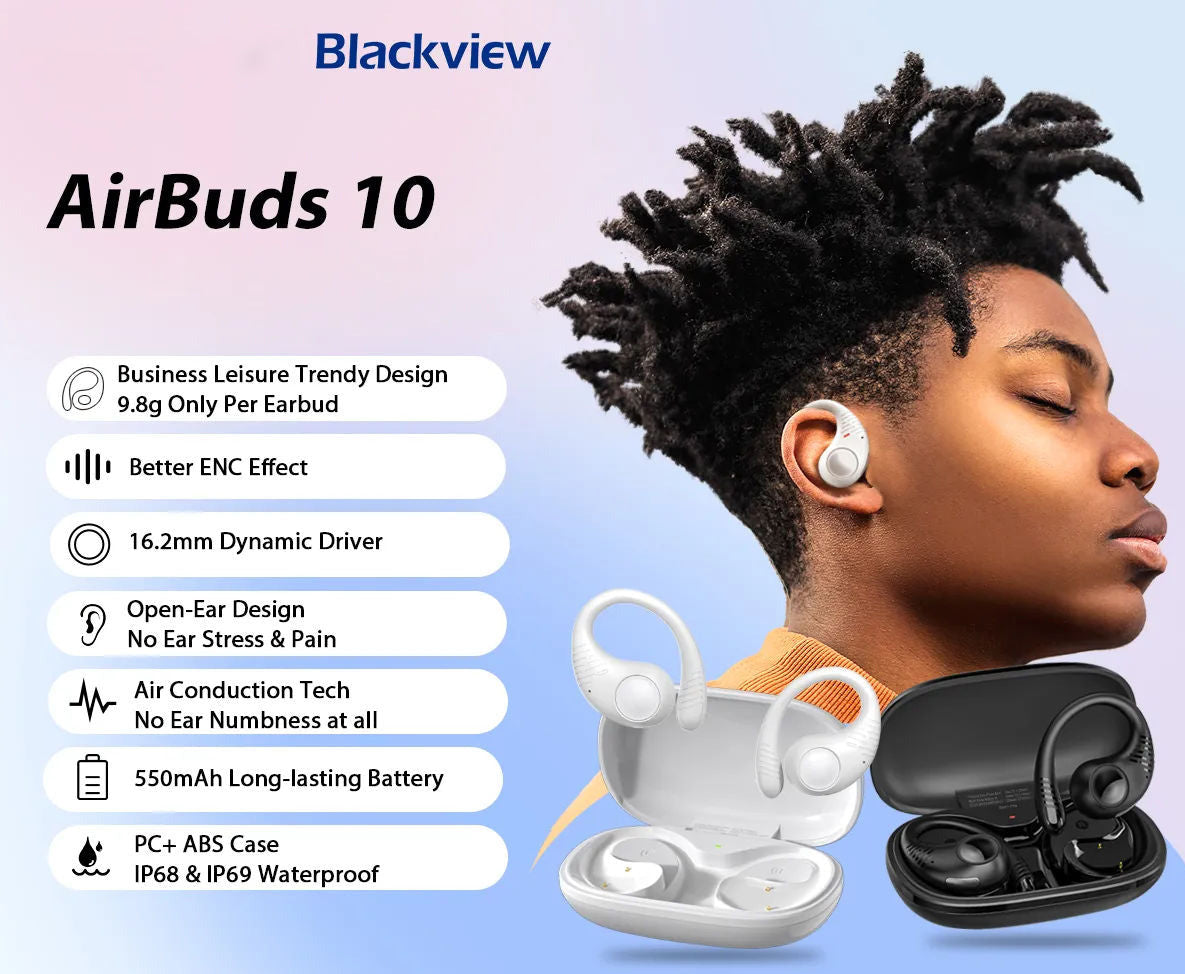 Blackview Airbuds 10, AirBuds 10 Pro, Open-Ear-Headset, kabellose Kopfhörer, Sport-Luftleitung, Bass-ENC-Ohrhörer, TWS mit Mikrofon