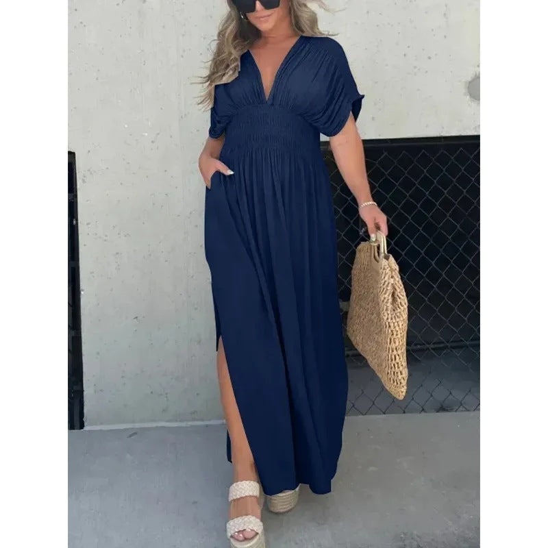 Fashion Bat-sleeved V-neck Slit Dress Summer Short Sleeve Elastic Waist Long Pants Womens Clothing