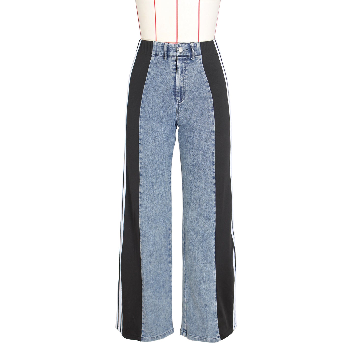 NEW Fashion Casual High Waist Elastic Straight Leg Trousers Three Stripe Patchwork Denim Wide Leg Pants Streetwear