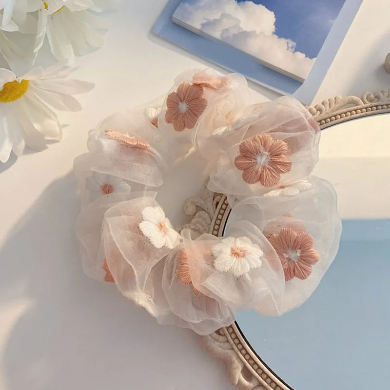 Süße Stickerei Blumen Mesh Haargummis Frauen romantisch rosa blau Haarseil transparent Tüll Organza Haargummis Haarschmuck