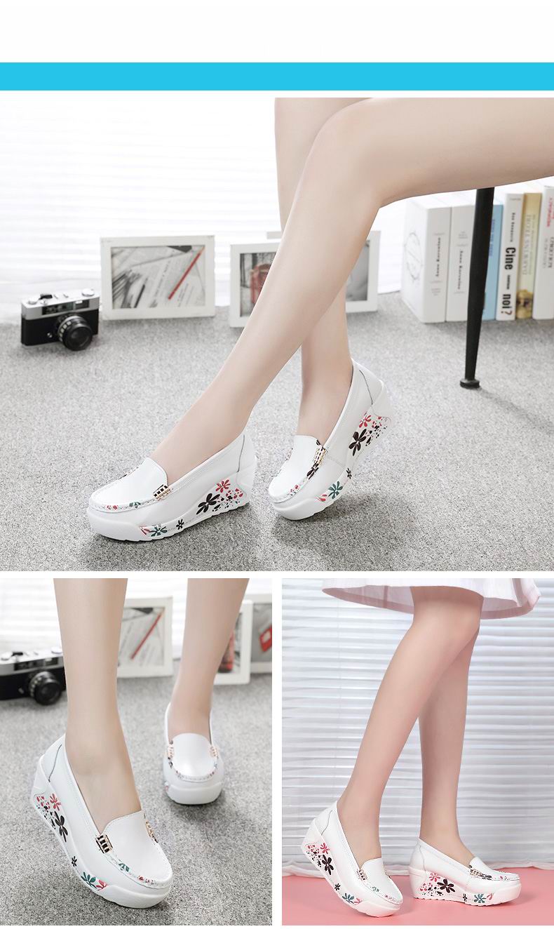 Women's White Leather Platform Wedge Shoes - Casual Swing Mother Shoes