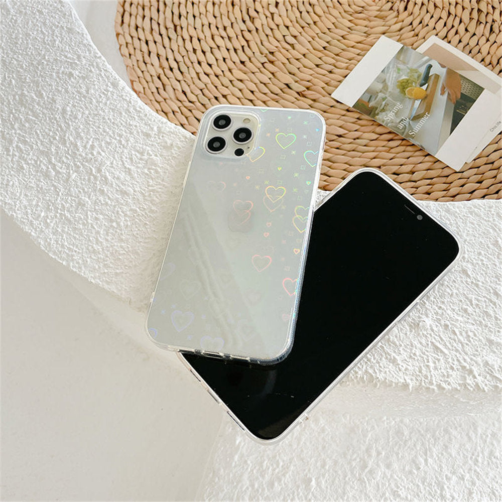 Fashion Gradient Laser Love Heart Pattern Clear Phone Case For iPhone 11 13 12 Pro Max X XS XR 7 8 Plus SE 2020 Shockproof Back