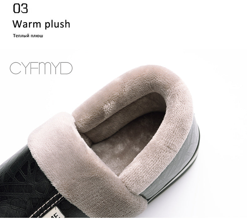 Home Winter Indoor Warm Shoes Thick Bottom Plush Waterproof Leather House Slippers