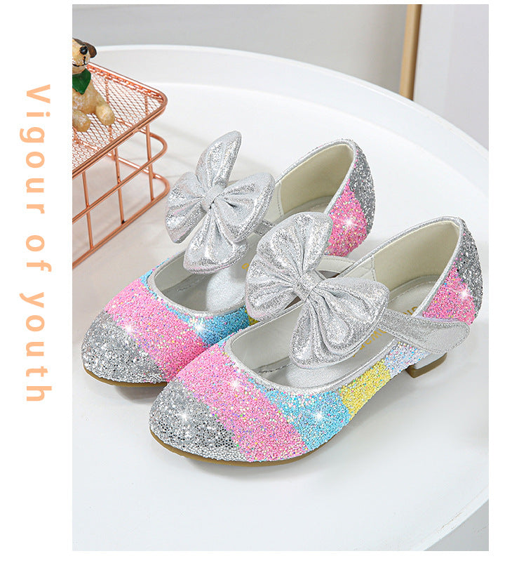 Girls Princess Leather Shoes with Crystal Accents - Soft-Sole, Round-Toe, High Heel