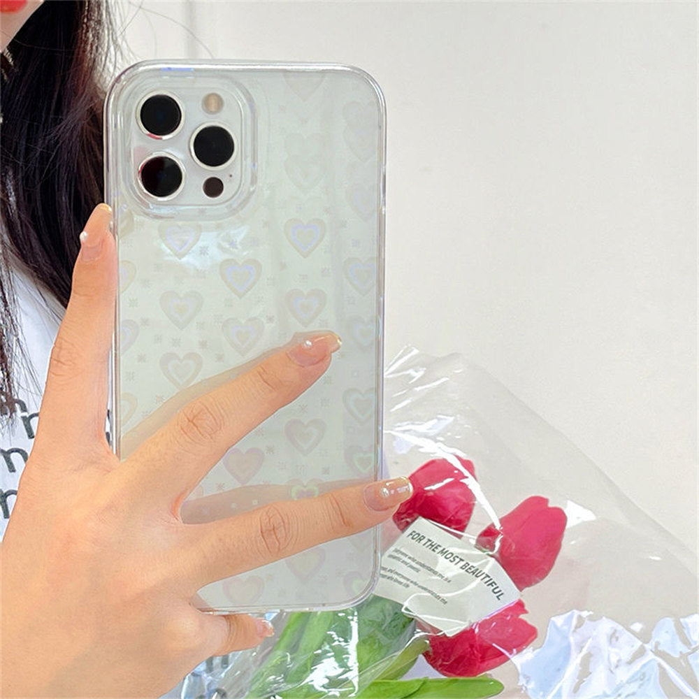 Fashion Gradient Laser Love Heart Pattern Clear Phone Case For iPhone 11 13 12 Pro Max X XS XR 7 8 Plus SE 2020 Shockproof Back