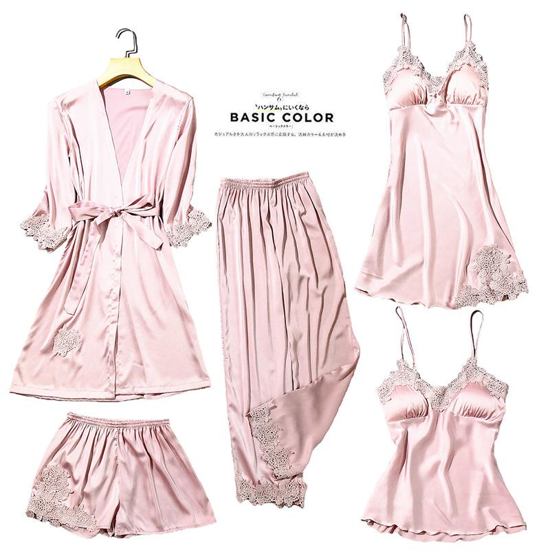 Satin Spitze Pyjamas Set Frauen Strap Top Hosen Nachtwäsche Schlaf Anzug Frühling Herbst Pyjama Hause Tragen Nachtwäsche Robe Kleid