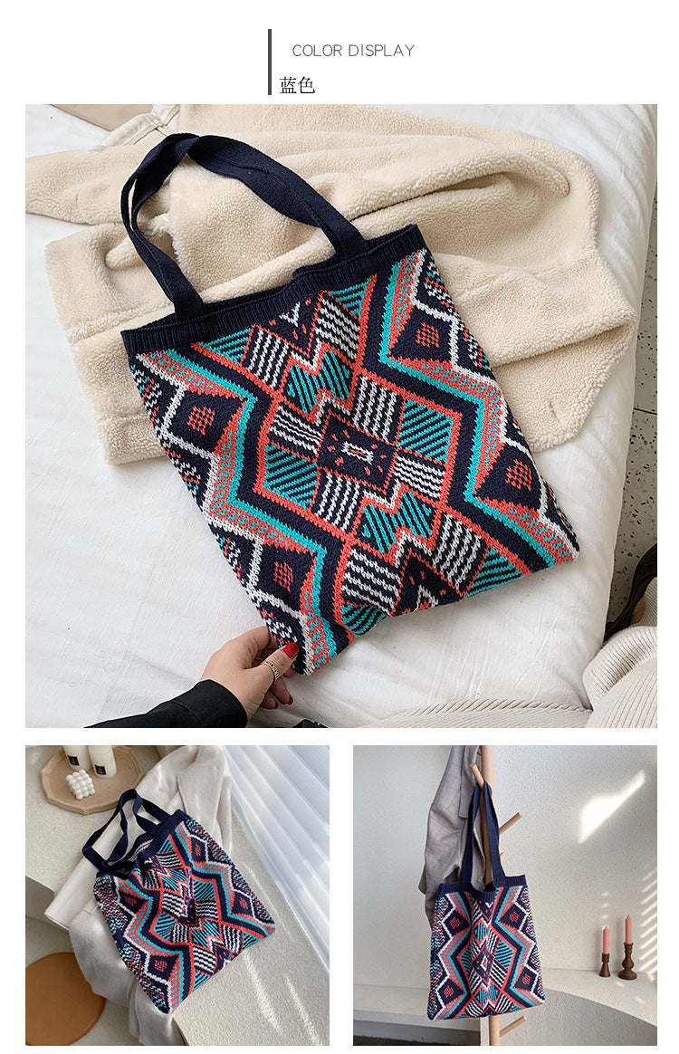 Strickende Zigeunertasche für Damen, böhmische Boho-Tasche, schicke Azteken-Einkaufstasche, offene Shopper-Tasche aus gehäkelter Wolle für Damen, tägliche Handtasche für Frauen