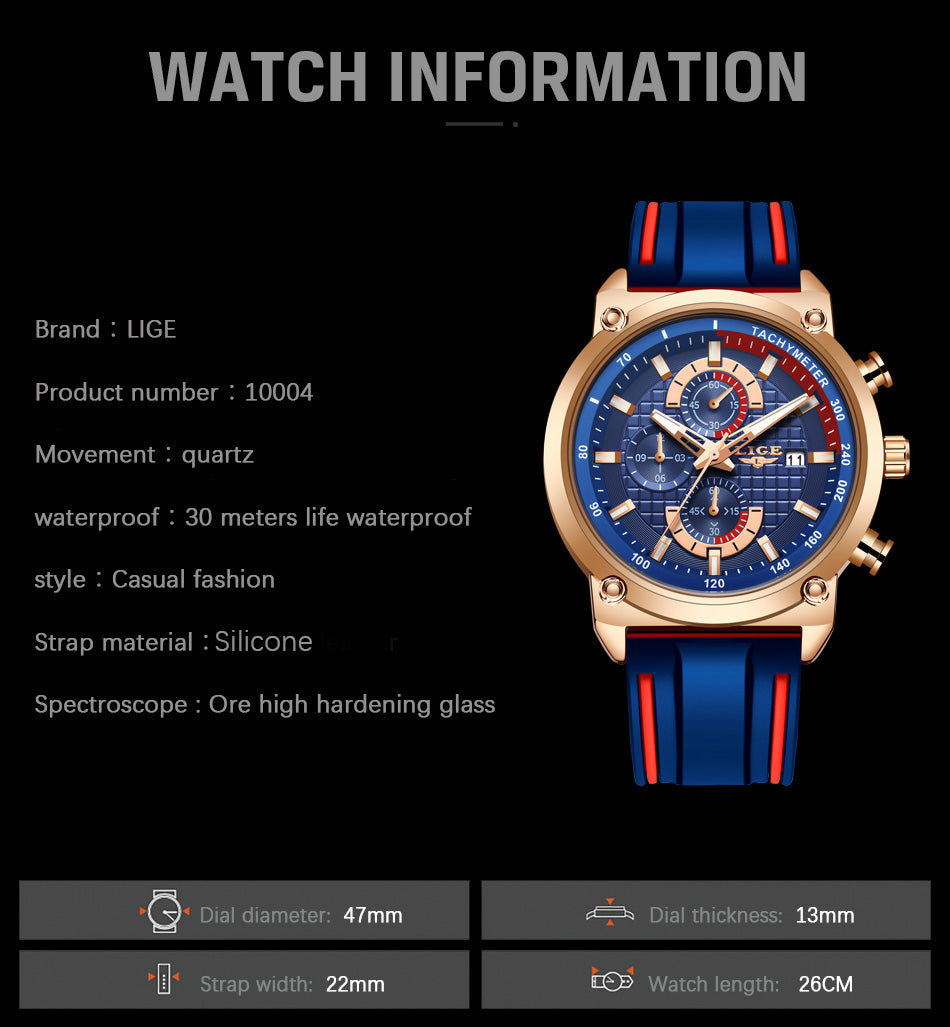 Fashion Chronograph Quartz Men Watches, Silicone Wristwatch Clock Male, Luminous Watch