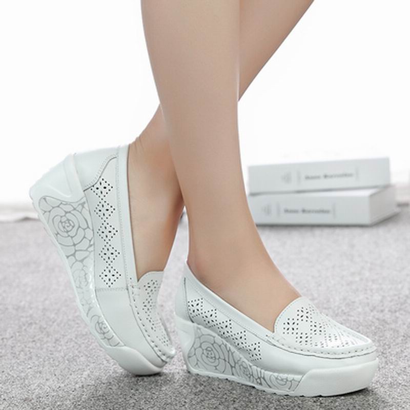 Women's White Leather Platform Wedge Shoes - Casual Swing Mother Shoes