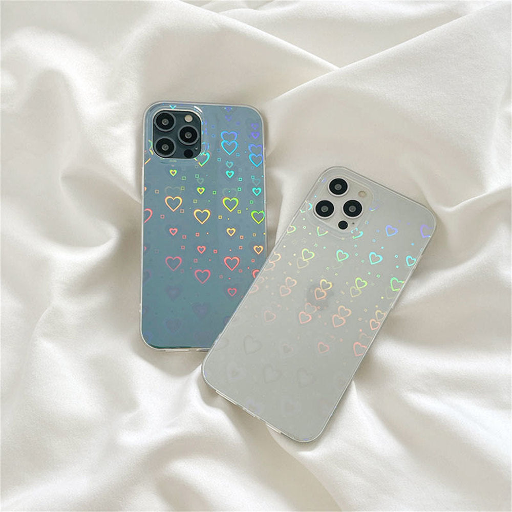 Mode Dégradé Laser Amour Coeur Motif Clair Téléphone étui pour iphone 11 13 12 Pro Max X XS XR 7 8 Plus SE 2020 Antichoc Retour