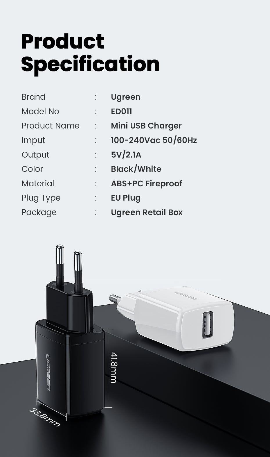 USB Charger 5V 2.1A, Mini Wall Charger, EU Adapter Phone Charger, Mobile Phone Charger