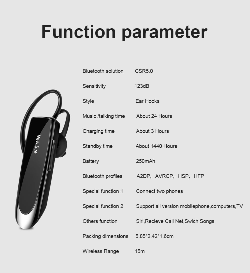 Bluetooth-Headset 5.0, kabellose Kopfhörer. Kopfhörer mit Mikrofon. 24-Stunden-Ohrhörer, Mini-Ohrhörer, Freisprecheinrichtung