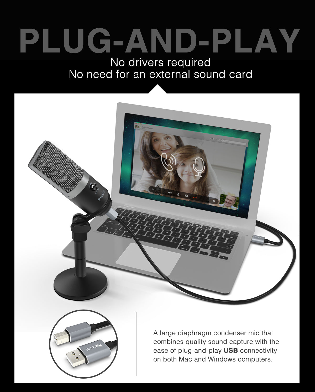 Microphone USB, ordinateur portable, ordinateurs, enregistrement, streaming vocal, podcasting