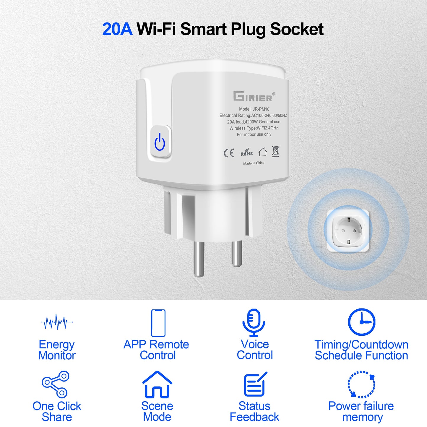 Wifi Smart Plug 20A EU Smart Socket Outlet with Power Monitor Timer Function 4200W Compatible with Alexa Google Home