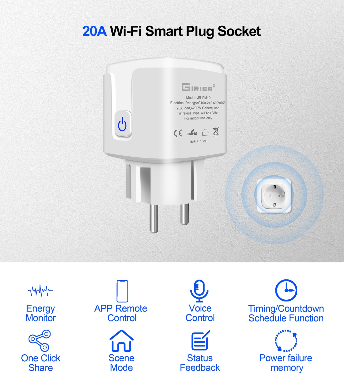 Wifi Smart Plug 20A EU Smart Socket Outlet with Power Monitor Timer Function 4200W Compatible with Alexa Google Home