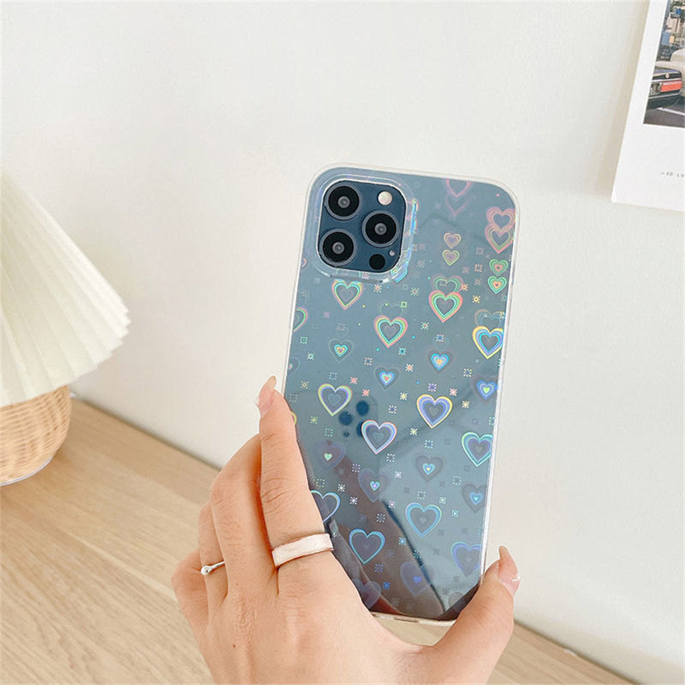 Mode Dégradé Laser Amour Coeur Motif Clair Téléphone étui pour iphone 11 13 12 Pro Max X XS XR 7 8 Plus SE 2020 Antichoc Retour