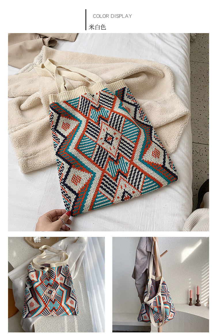 Strickende Zigeunertasche für Damen, böhmische Boho-Tasche, schicke Azteken-Einkaufstasche, offene Shopper-Tasche aus gehäkelter Wolle für Damen, tägliche Handtasche für Frauen