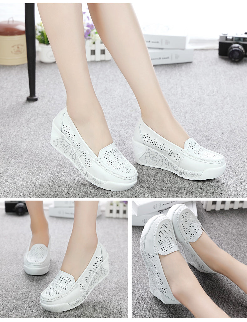 Women's White Leather Platform Wedge Shoes - Casual Swing Mother Shoes