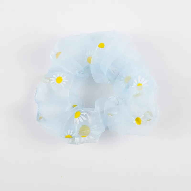 Sweet Embroidery Flowers Mesh Scrunchies Women Romantic Pink Blue Hair Rope Transparent Tulle Organza Hair Ties Hair Accessories