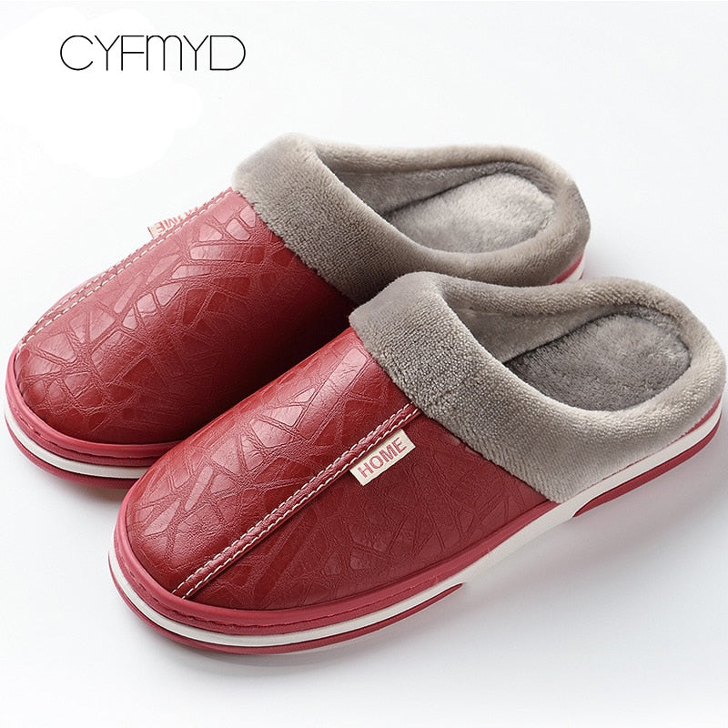 Home Winter Indoor Warm Shoes Thick Bottom Plush Waterproof Leather House Slippers