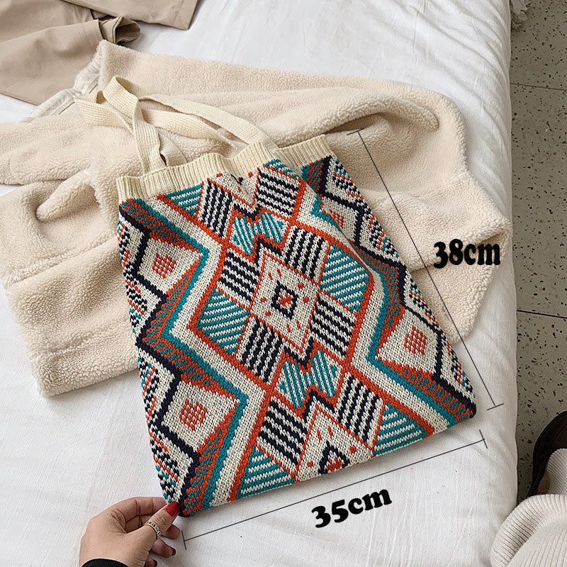 Strickende Zigeunertasche für Damen, böhmische Boho-Tasche, schicke Azteken-Einkaufstasche, offene Shopper-Tasche aus gehäkelter Wolle für Damen, tägliche Handtasche für Frauen