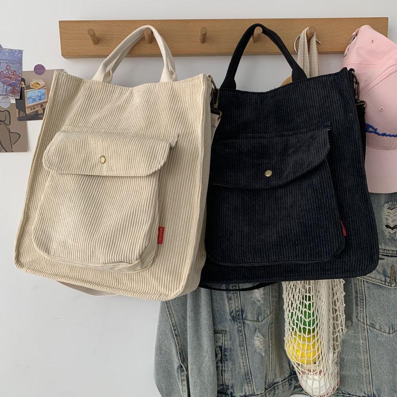 Cord-Umhängetasche für Damen, Vintage-Einkaufstaschen, Reißverschluss, für Mädchen, Studenten, Büchertasche, Handtaschen, lässige Tragetasche mit Außentasche