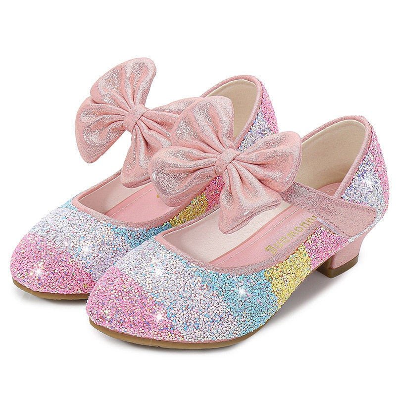 Girls Princess Leather Shoes with Crystal Accents - Soft-Sole, Round-Toe, High Heel