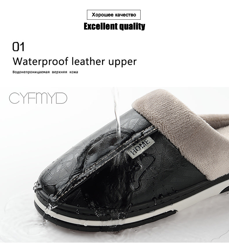 Home Winter Indoor Warm Shoes Thick Bottom Plush Waterproof Leather House Slippers