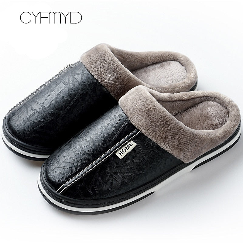 Home Winter Indoor Warm Shoes Thick Bottom Plush Waterproof Leather House Slippers